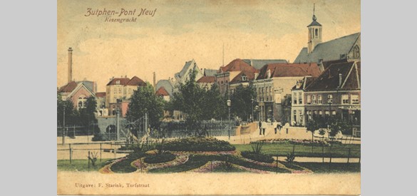 De Pont Neuf gezien vanuit een bloemrijk  Staionsplein, vóór 1914